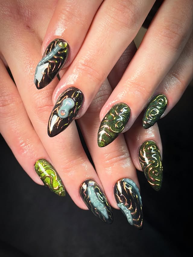 Black and silver smoke marbled nails