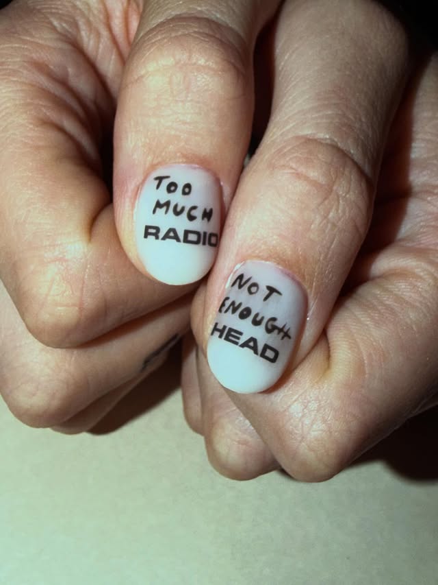 Typography nail art 'TOO MUCH RADIO'